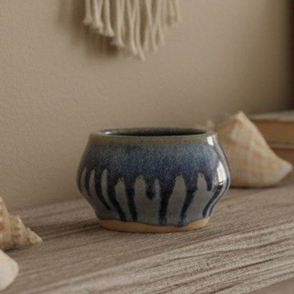 Studio Pottery Blue Drip Glaze Planter, Signed Handmade Ceramic Trinket Dish